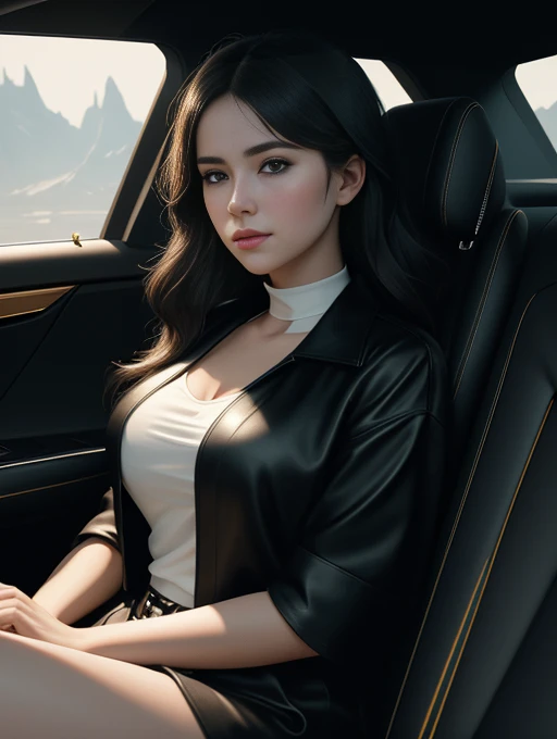 beautiful  girl Sit and drive in a futuristic style car. She wore a short black coat on the back. and wore a short-sleeve shirt with a plunging neckline. Get ready to travel to her final destination., full body , perfect light perfect composition Beauty Award winning masterpiece Artstation 8 k Artgerm Mucha Dim Volumetric lighting Octane 18 k Beautiful detail rendering. post processing, portrait, exaggerated detail, complex, grand composition, cinematic lighting, masterpiece, trending art station, high detail, masterpiece, beautiful, 18k , HDR, smooth, sharp focus, high resolution.