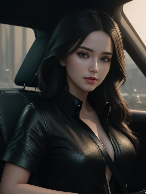 beautiful teenage girl Sit and drive in a futuristic style car. She wore a short black coat on the back. and wore a short-sleeve shirt with a plunging neckline. Get ready to travel to her final destination., full body , perfect light perfect composition Beauty Award winning masterpiece Artstation 8 k Artgerm Mucha Dim Volumetric lighting Octane 18 k Beautiful detail rendering. post processing, portrait, exaggerated detail, complex, grand composition, cinematic lighting, masterpiece, trending art station, high detail, masterpiece, beautiful, 18k , HDR, smooth, sharp focus, high resolution.