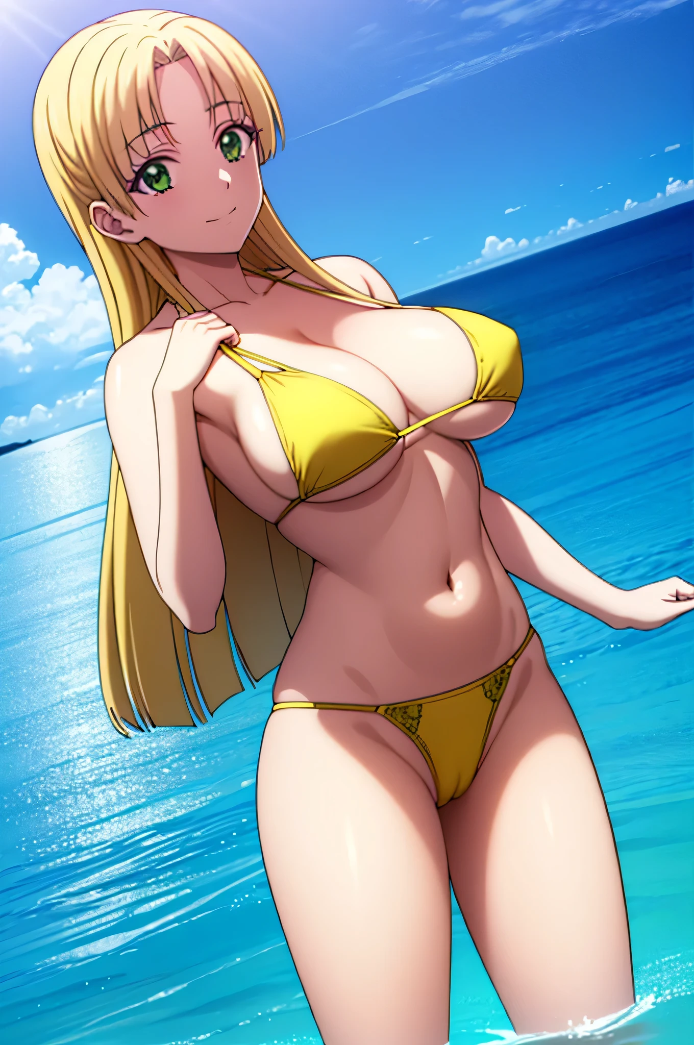 asiaargento, asia argento, long hair, blonde hair, (green eyes:1.3), (parted bangs:1.5), 1girl, adult, 18, smile, (big breasts:1.2),
BREAK looking at viewer, (cowboy shot:1.5),
BREAK (masterpiece:1.2), best quality, high resolution, unity 8k wallpaper, (illustration:0.8), (beautiful detailed eyes:1.6), extremely detailed face, perfect lighting, extremely detailed CG, (perfect hands, perfect anatomy), RAW photo, (high detailed skin:1.2), 8k uhd, dslr, high quality, ((blue eye)) , bare shoulders, masterpiece, HDR, UHD, 4K, ocean, island, outdoors, bright sky, sunny, clear sky, in water, wet, yellow bikini, small bikini, string bikini, two piece bikini, thong panties, big breasts, yellow thong, cleavage, slim waist, slim stomach, slim, underboob, sideboob, nice thighs, nice ass, big ass, cameltoe, full body frame,