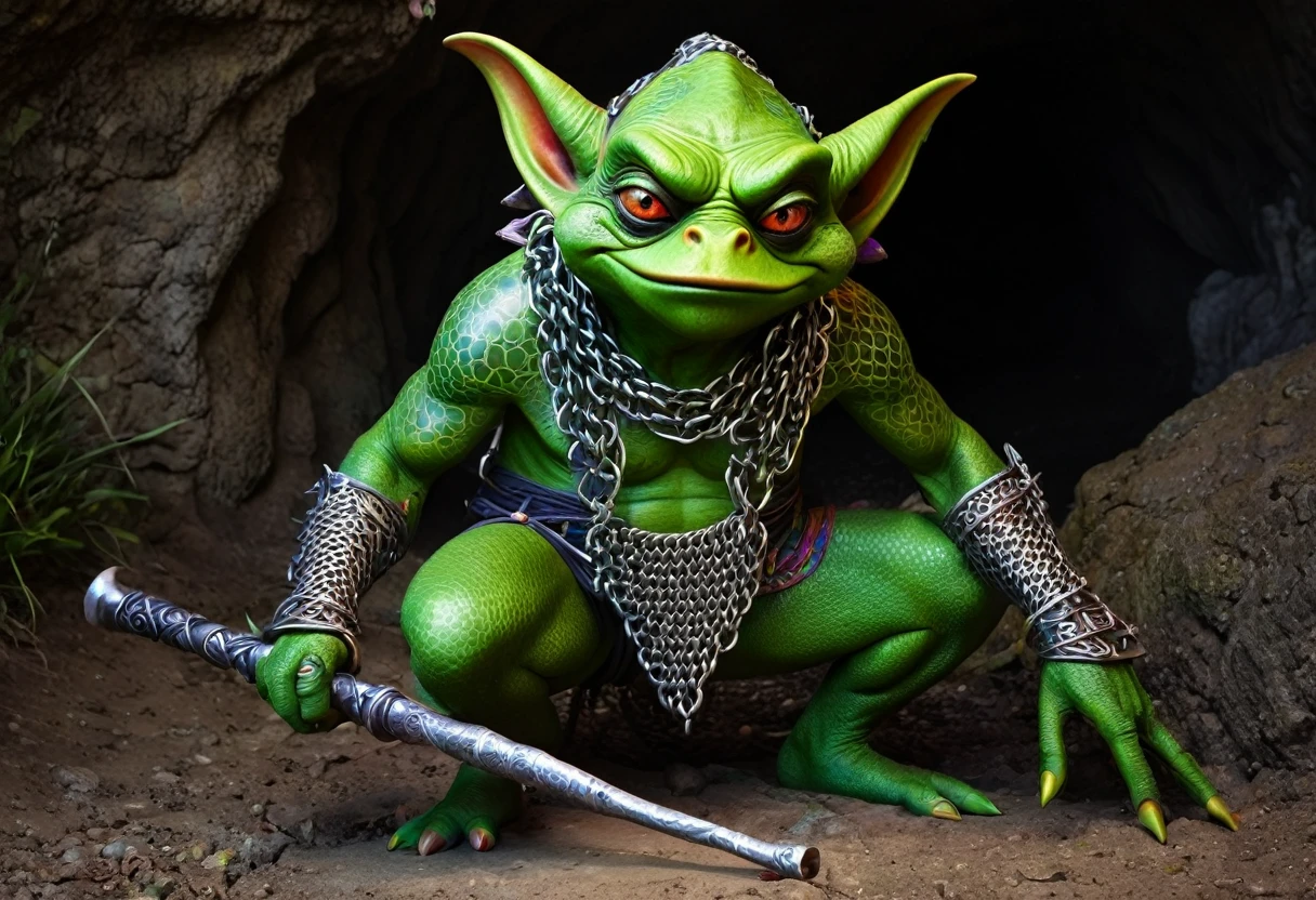 A squat green goblin shaman adorned in chainmail, he has beady eyes, a big nose, evil tattoos, and carries a herding stick. At his side is a confused colorful toad as big as he is.et in a cave