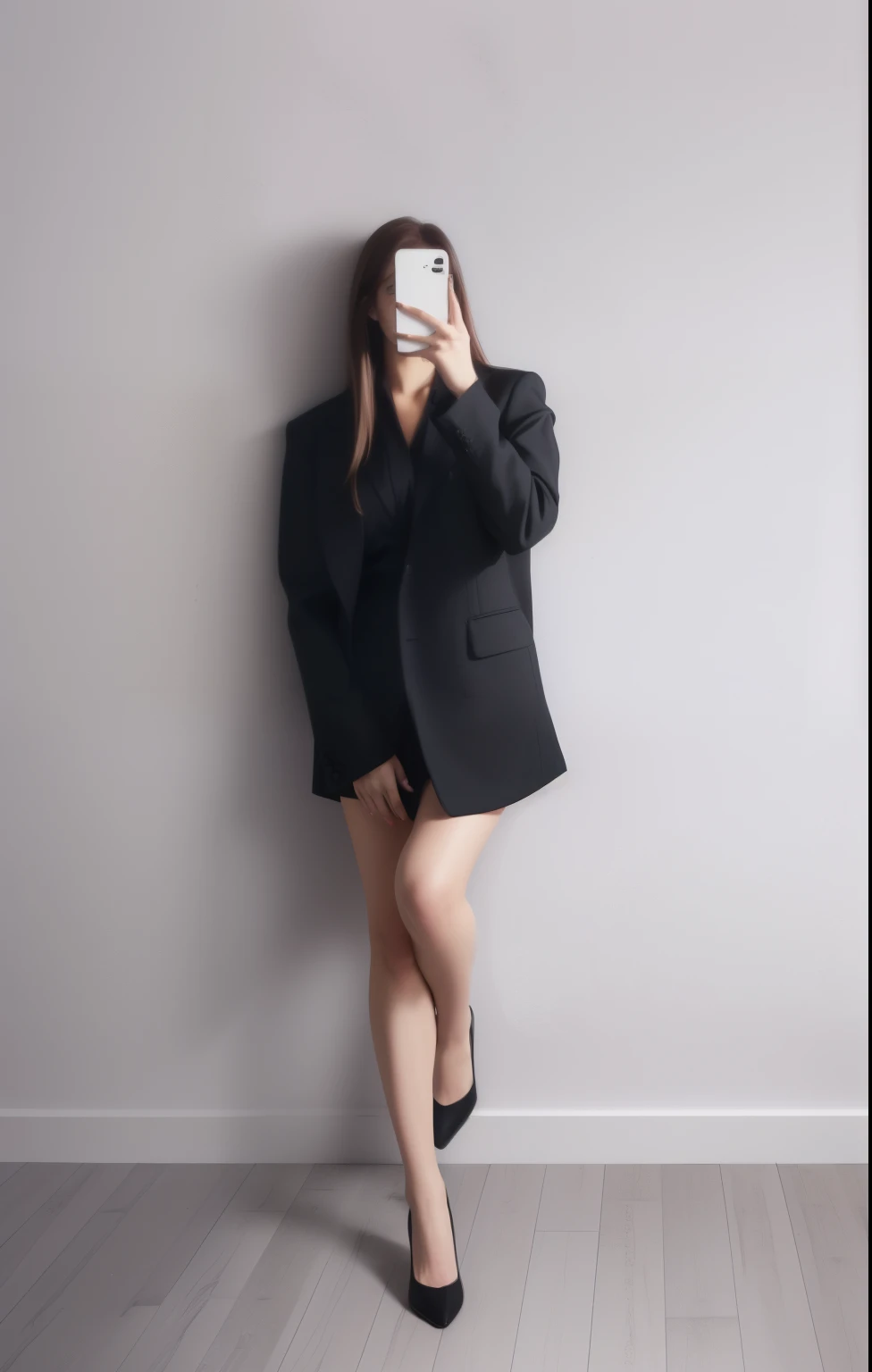 Девушка in a black suit фотографирует себя, Девушка in costume, девушка in costume, girl posing, model posing, short skirt and long jacket, blazer, woman model, standing and posing elegantly, full body profile camera shot, in a black business suit, in a black suit, full length photo shoot, in a business suit, in costume,. Brown hair, voluminous hair, Beautiful legs,