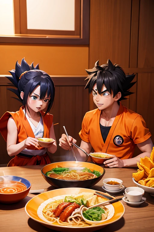 naruto kurama mode, goku ultra instinct blue, luffy nika with yellow straw hat eating ramen together and the 3 happy