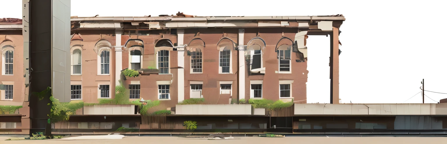 a red stop sign on the street corner next to a building, detailed brick building exterior, old architecture, abandoned building, empty building with vegetation, realistic architectural rendering, whole building structure, dilapidated building, old buildings, crumbling architecture, extremely detailed architecture, no texture, inverted building, Freddy Mercury-inspired, derelict building