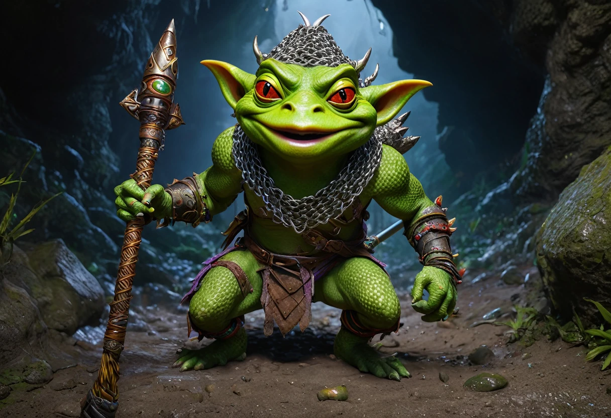 A squat green goblin shaman, detailed chainmail armor, beady eyes, big nose, evil tattoos, carrying a herding stick, a confused colorful toad as big as the goblin, in a cave, (best quality,4k,8k,highres,masterpiece:1.2),ultra-detailed,(realistic,photorealistic,photo-realistic:1.37),fantasy,digital painting,concept art,intricate details,vivid colors,dramatic lighting