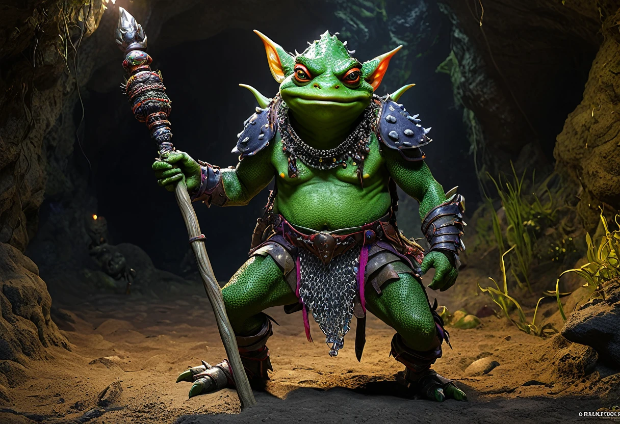 A squat green goblin shaman, detailed chainmail armor, beady eyes, big nose, evil tattoos, carrying a herding stick, a confused colorful toad as big as the goblin, in a cave, (best quality,4k,8k,highres,masterpiece:1.2),ultra-detailed,(realistic,photorealistic,photo-realistic:1.37),fantasy,digital painting,concept art,intricate details,vivid colors,dramatic lighting