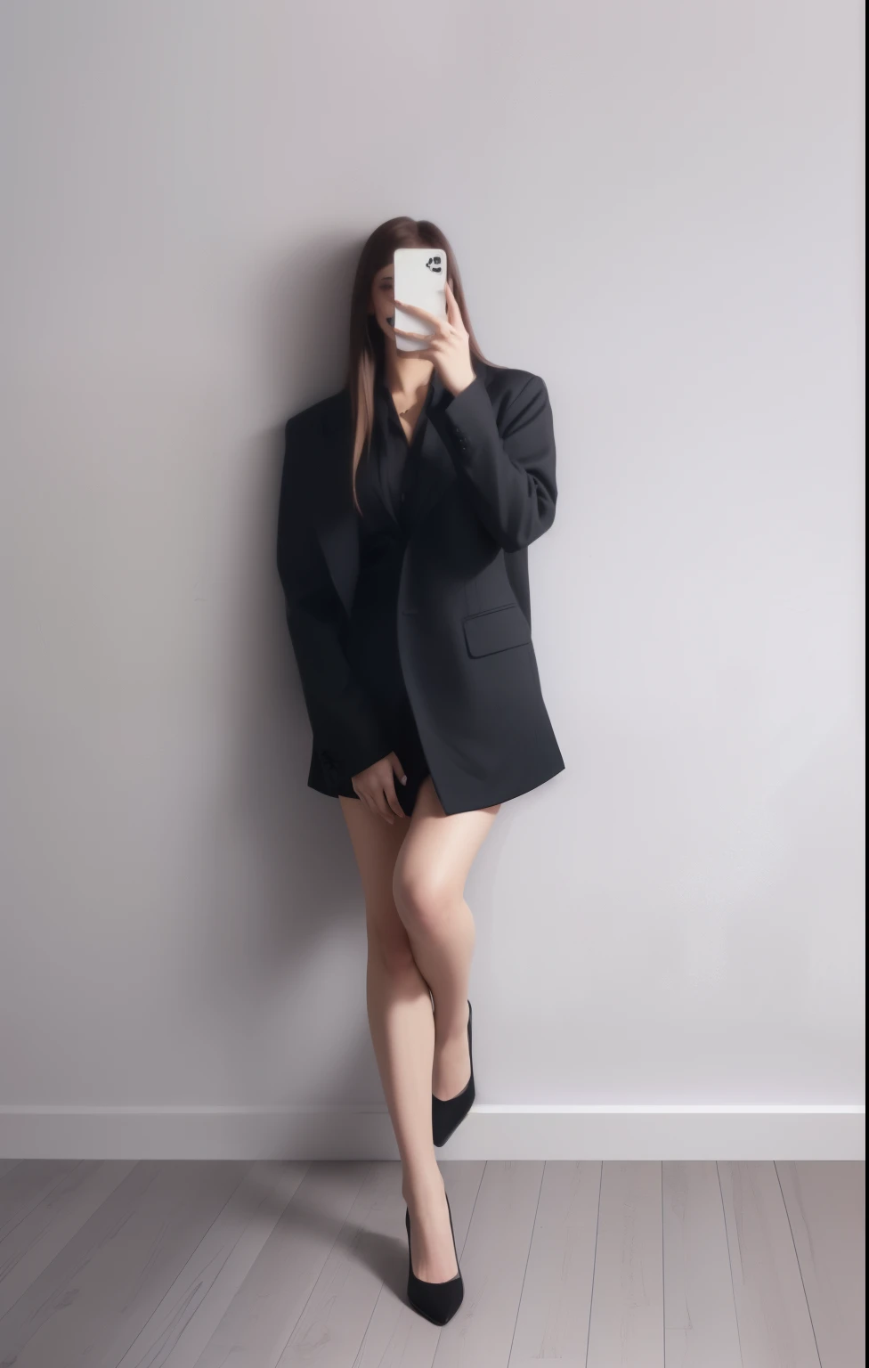 Девушка in a black suit фотографирует себя, Девушка in costume, девушка in costume, girl posing, model posing, short skirt and long jacket, blazer, woman model, standing and posing elegantly, full body profile camera shot, in a black business suit, in a black suit, full length photo shoot, in a business suit, in costume,. Brown hair, voluminous hair, Beautiful legs,