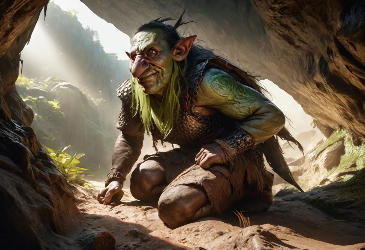 A squat green goblin shaman, detailed chainmail armor, beady eyes, big nose, evil tattoos, carrying a herding stick, a confused colorful toad as big as the goblin, in a cave, (best quality,4k,8k,highres,masterpiece:1.2),ultra-detailed,(realistic,photorealistic,photo-realistic:1.37),fantasy,digital painting,concept art,intricate details,vivid colors,dramatic lighting
