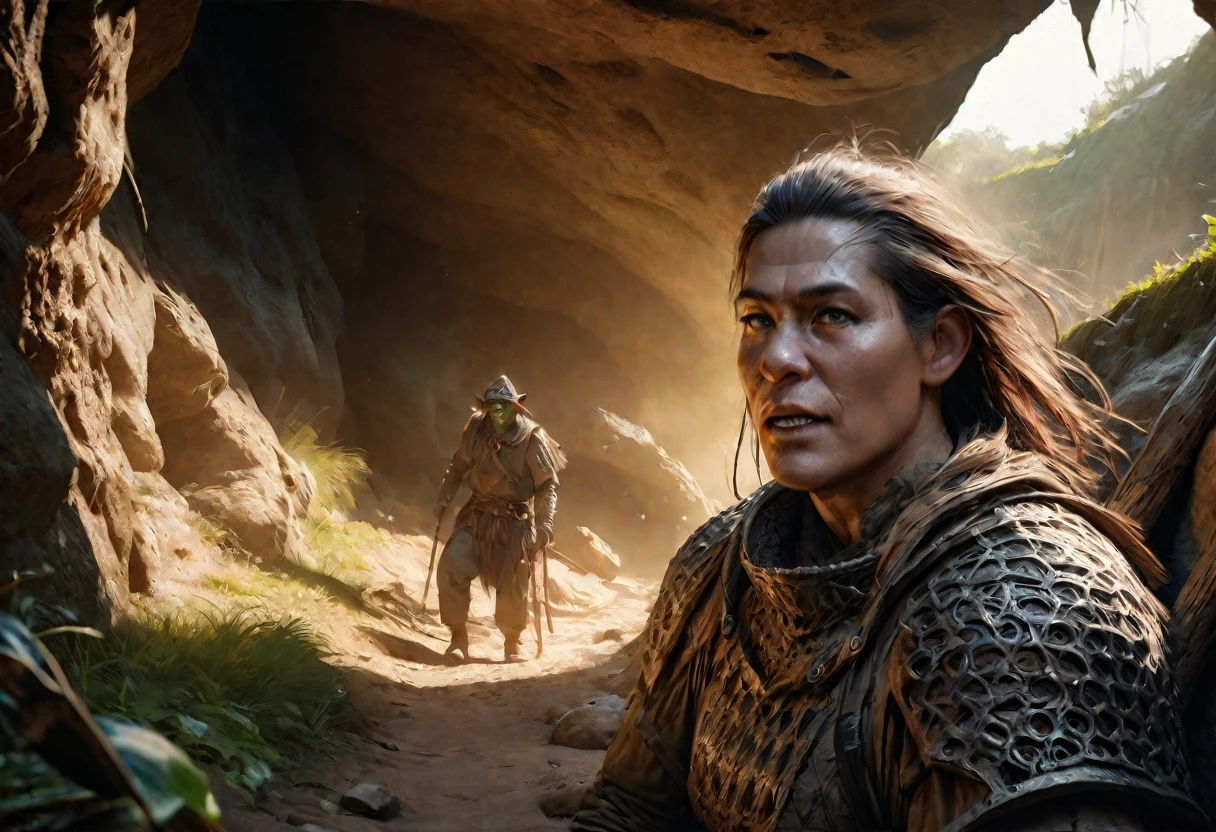 A squat green goblin shaman, detailed chainmail armor, beady eyes, big nose, evil tattoos, carrying a herding stick, a confused colorful toad as big as the goblin, in a cave, (best quality,4k,8k,highres,masterpiece:1.2),ultra-detailed,(realistic,photorealistic,photo-realistic:1.37),fantasy,digital painting,concept art,intricate details,vivid colors,dramatic lighting
