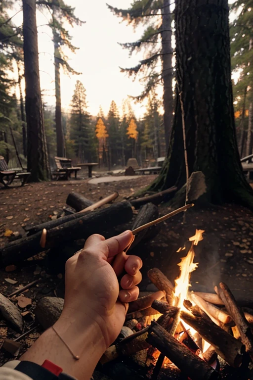 a person's hand holding a stick with a marshmallow over a campfire, first person perspective,high quality,realistic,detailed,warm lighting,campfire,cozy atmosphere,autumn woods environment,detailed textures,vivid colors,HDR,cinematic camera angle