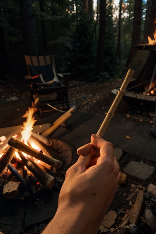 a person's hand holding a stick with a marshmallow over a campfire, first person perspective,high quality,realistic,detailed,warm lighting,campfire,cozy atmosphere,autumn woods environment,detailed textures,vivid colors,HDR,cinematic camera angle