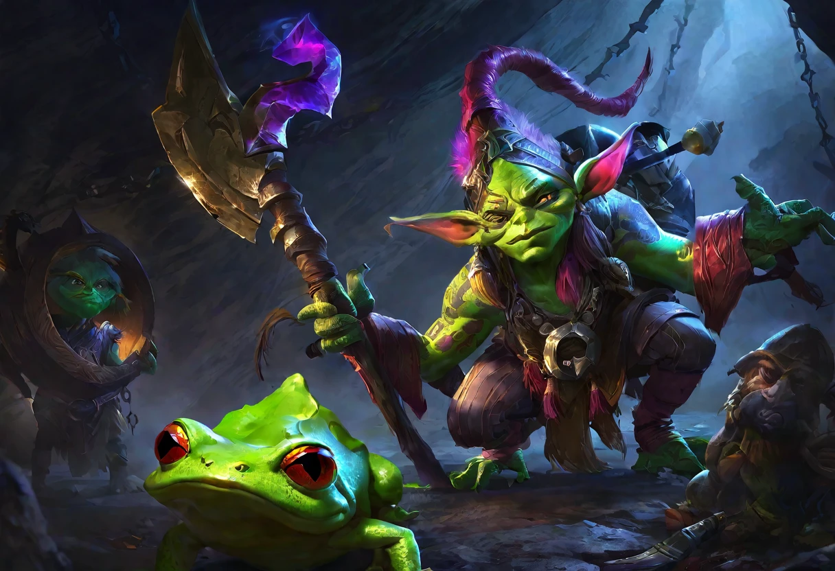 A squat green goblin shaman, detailed chainmail armor, beady eyes, big nose, evil tattoos, carrying a herding stick, a confused colorful toad as big as the goblin, in a cave, (best quality,4k,8k,highres,masterpiece:1.2),ultra-detailed,(realistic,photorealistic,photo-realistic:1.37),fantasy,digital painting,concept art,intricate details,vivid colors,dramatic lighting
