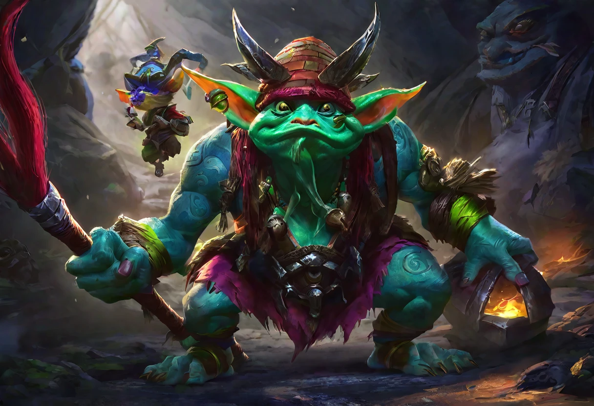 A squat green goblin shaman, detailed chainmail armor, beady eyes, big nose, evil tattoos, carrying a herding stick, a confused colorful toad as big as the goblin, in a cave, (best quality,4k,8k,highres,masterpiece:1.2),ultra-detailed,(realistic,photorealistic,photo-realistic:1.37),fantasy,digital painting,concept art,intricate details,vivid colors,dramatic lighting

