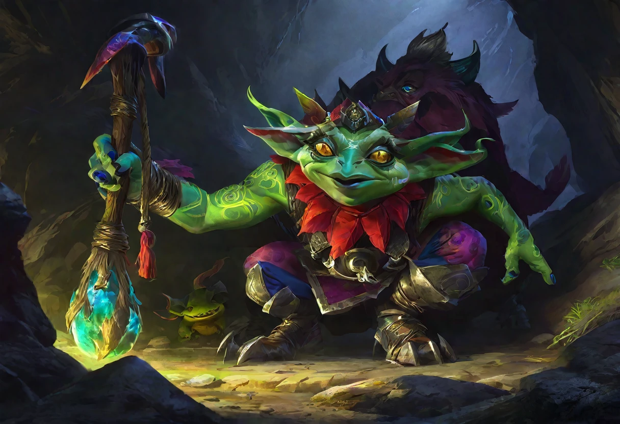 A squat green goblin shaman, detailed chainmail armor, beady eyes, big nose, evil tattoos, carrying a herding stick, a confused colorful toad as big as the goblin, in a cave, (best quality,4k,8k,highres,masterpiece:1.2),ultra-detailed,(realistic,photorealistic,photo-realistic:1.37),fantasy,digital painting,concept art,intricate details,vivid colors,dramatic lighting