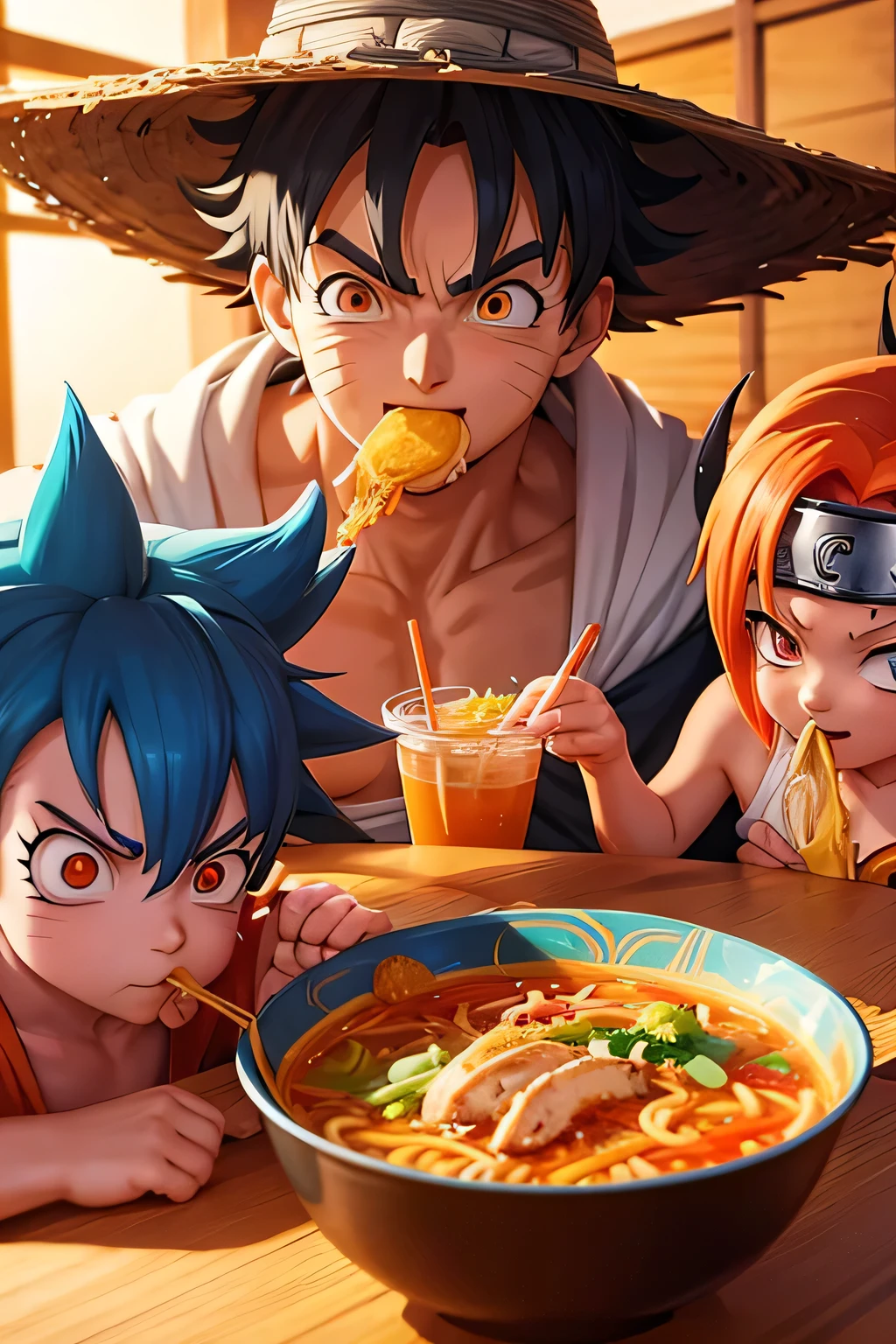 naruto kurama mode, goku ultra instinct blue, luffy nika with yellow straw hat eating ramen together and the 3 happy