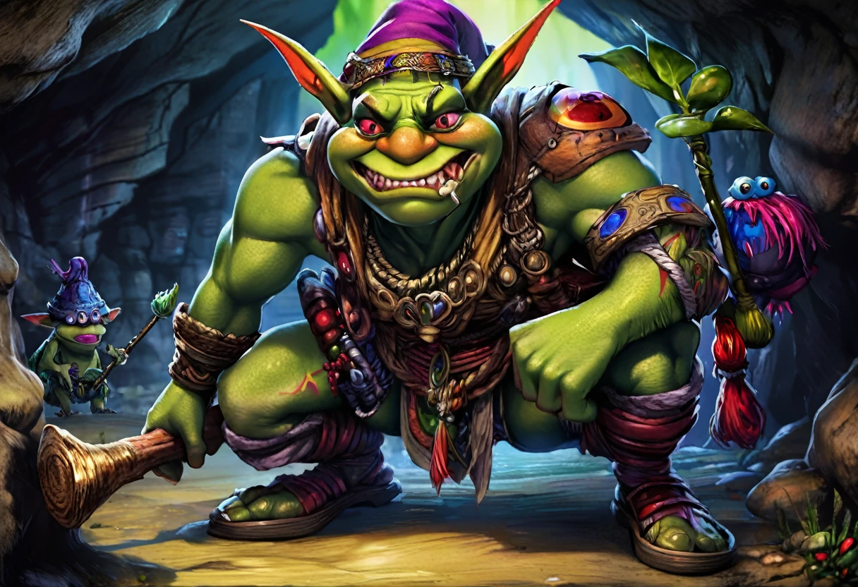 A squat green goblin shaman, detailed chainmail armor, beady eyes, big nose, evil tattoos, carrying a herding stick, a confused colorful toad as big as the goblin, in a cave, (best quality,4k,8k,highres,masterpiece:1.2),ultra-detailed,(realistic,photorealistic,photo-realistic:1.37),fantasy,digital painting,concept art,intricate details,vivid colors,dramatic lighting