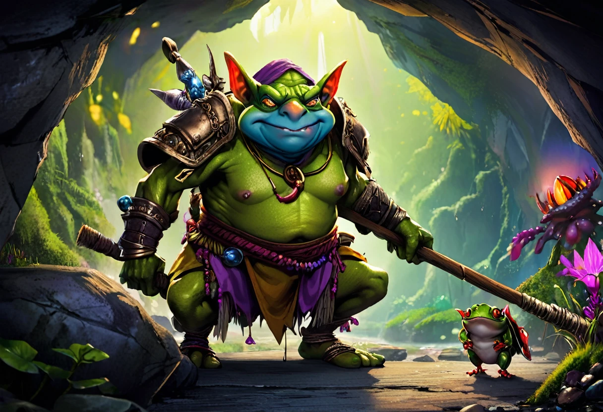 A squat green goblin shaman, detailed chainmail armor, beady eyes, big nose, evil tattoos, carrying a herding stick, a confused colorful toad as big as the goblin, in a cave, (best quality,4k,8k,highres,masterpiece:1.2),ultra-detailed,(realistic,photorealistic,photo-realistic:1.37),fantasy,digital painting,concept art,intricate details,vivid colors,dramatic lighting