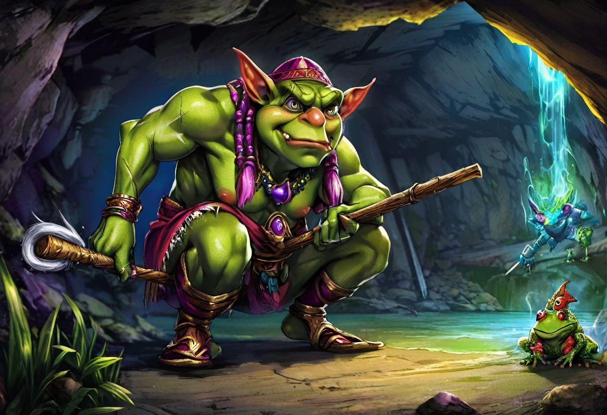 A squat green goblin shaman, detailed chainmail armor, beady eyes, big nose, evil tattoos, carrying a herding stick, a confused colorful toad as big as the goblin, in a cave, (best quality,4k,8k,highres,masterpiece:1.2),ultra-detailed,(realistic,photorealistic,photo-realistic:1.37),fantasy,digital painting,concept art,intricate details,vivid colors,dramatic lighting
