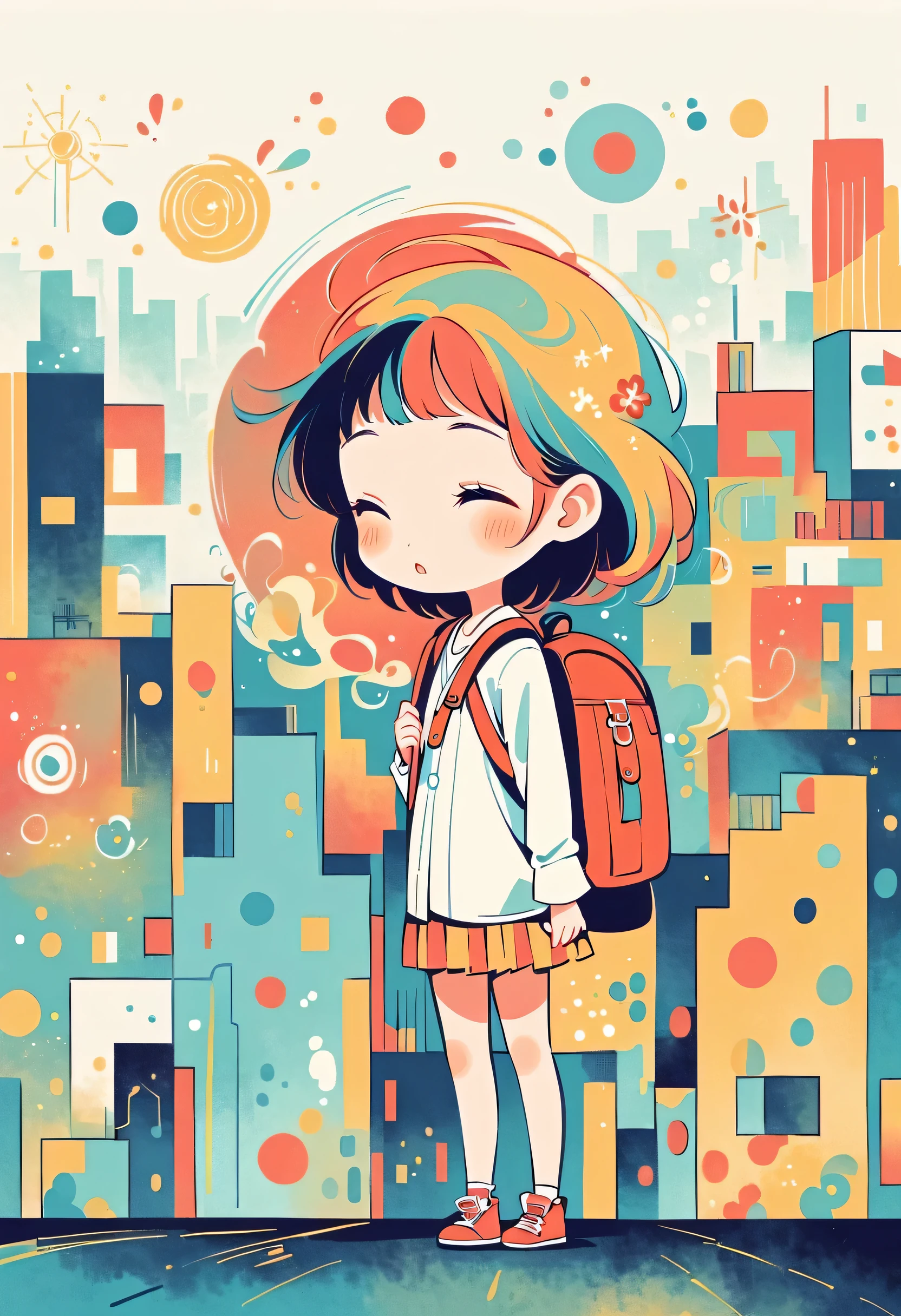 Watase Seizo style, Standing in front of a high wall,Girl with backpack on rooftop,My backpack is full of happy spring,Simple Line Initialism,Abstract art,Urban Background, (((The most beautiful girl))),