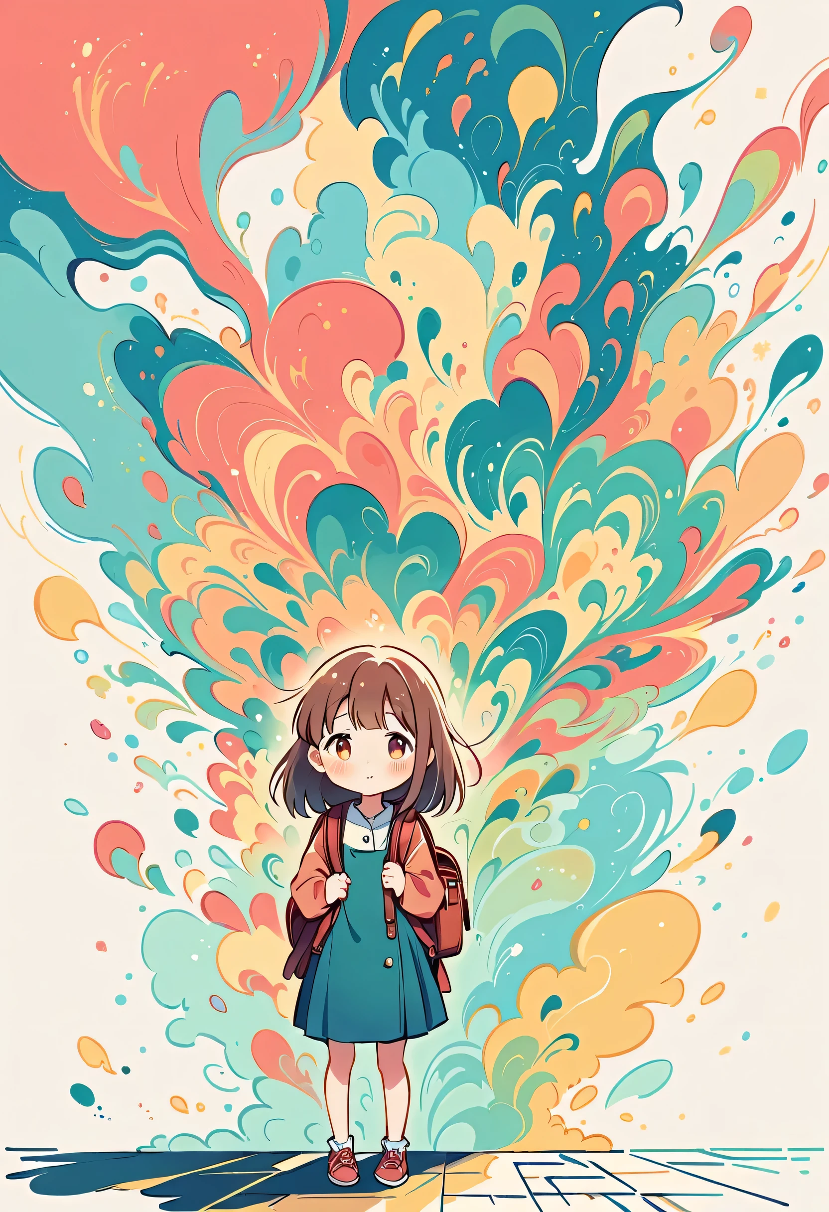 Watase Seizo style, Standing in front of a high wall,Girl with backpack on rooftop,My backpack is full of happy spring,Simple Line Initialism,Abstract art,Urban Background, (((The most beautiful girl))),