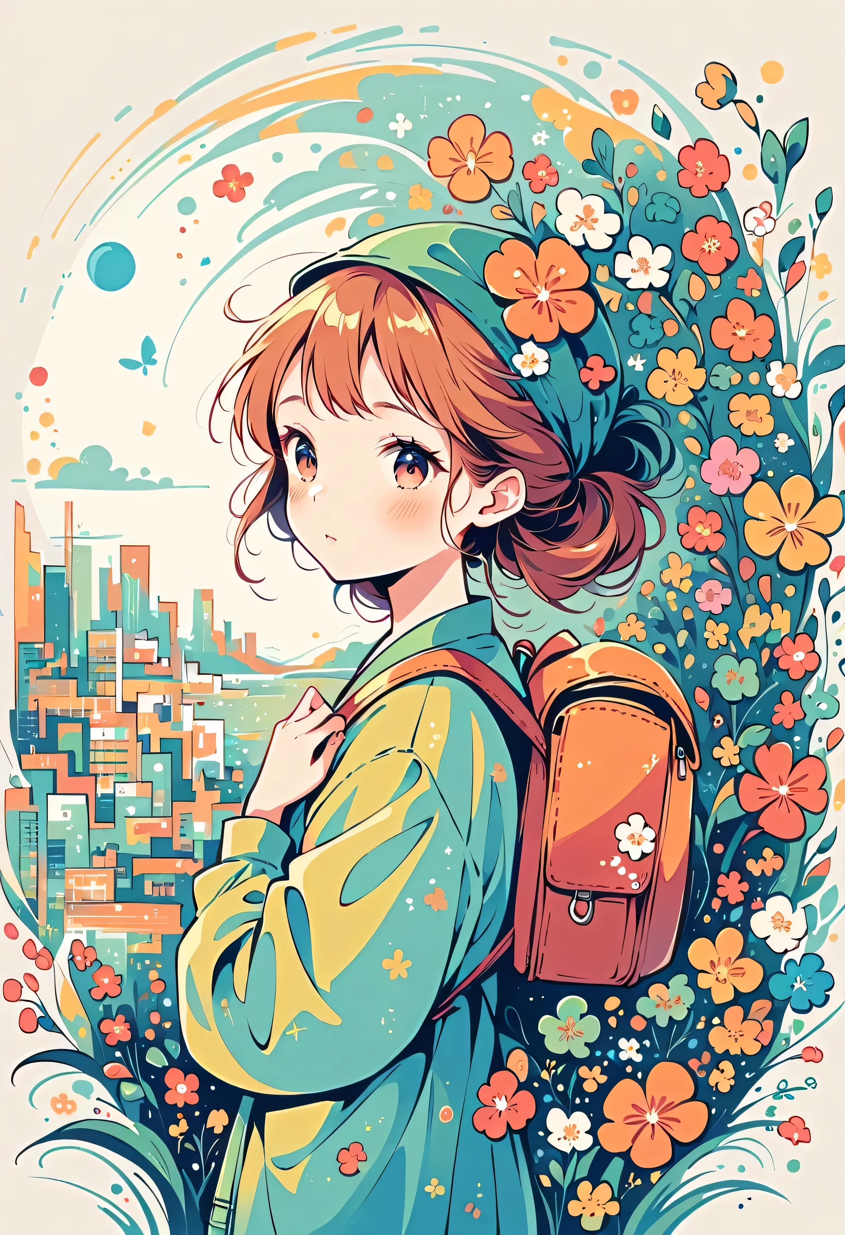 Watase Seizo style, Standing in front of a high wall,Girl with backpack on rooftop,My backpack is full of happy spring,Simple Line Initialism,Abstract art,Urban Background, (((The most beautiful girl))),