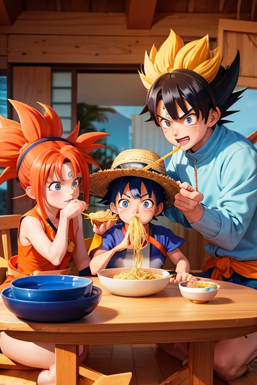 naruto kurama mode, goku ultra instinct blue, luffy nika with yellow straw hat eating ramen together and the 3 of them happy