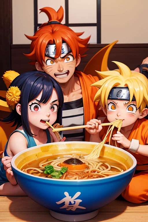 naruto kurama mode, goku ultra instinct blue, luffy nika with yellow straw hat eating ramen together and the 3 of them happy