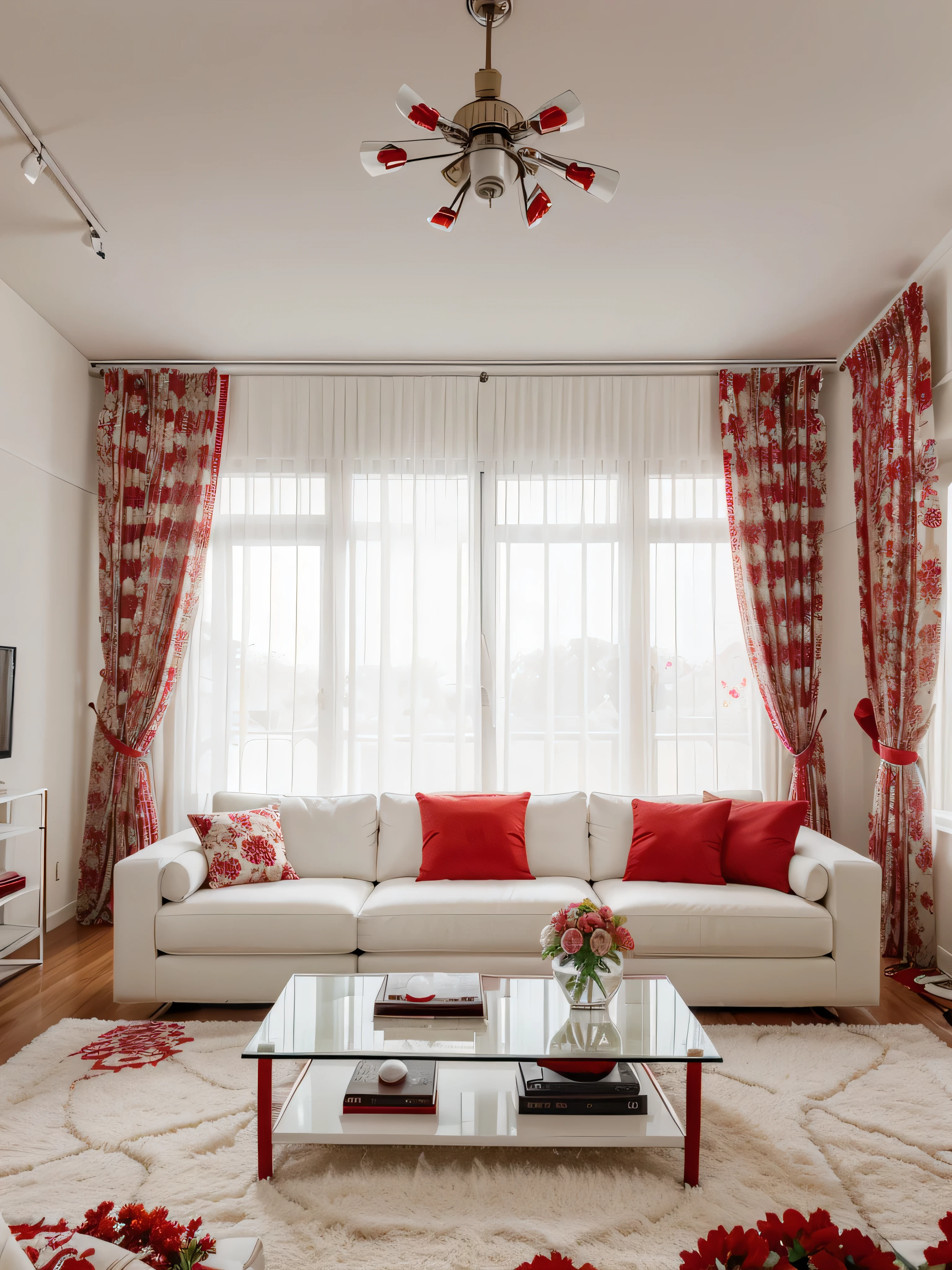 A modern living room featuring a large white sectional sofa adorned with red and white throw pillows, white coffee table, intricate red flower carpet, floor-to-ceiling beige curtains with sheers, recessed lighting, red floral centerpieces, and flat-screen TV on a sleek console. loose tiles