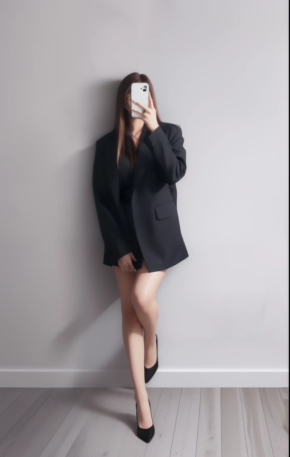 Девушка in a black suit фотографирует себя, girl In costume, girl In costume, girl posing, model posing, short skirt and long jacket, blazer, woman model, standing and posing elegantly, full body profile camera shot, in a black business suit, in a black suit, full length photo shoot, in a business suit, in costume,. Brown hair, voluminous hair, Beautiful legs, clear photo,