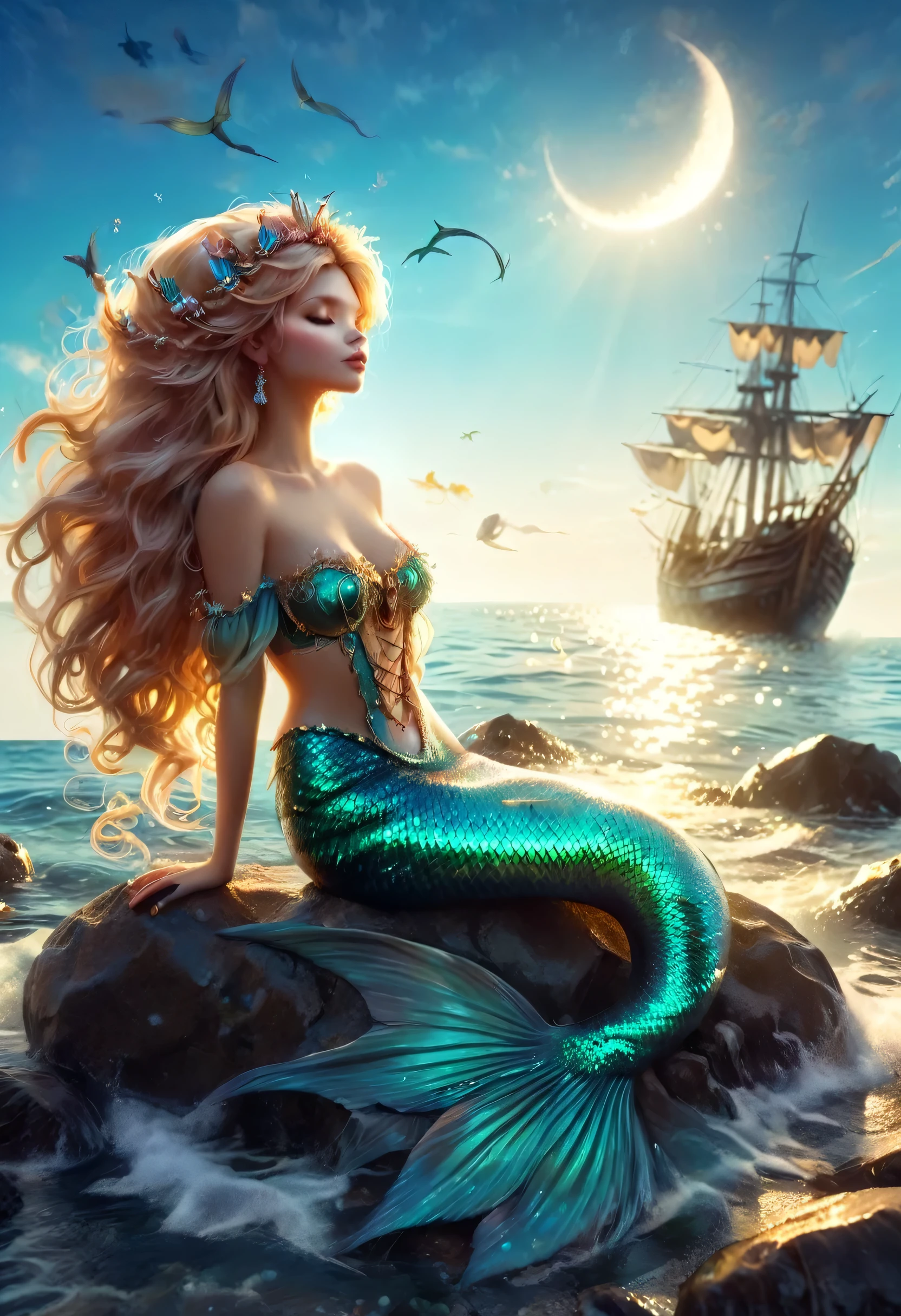 Illustration of The Mermaid Princess, Sitting on a rocky beach, crystal clear beautiful sea, backlighting, strong winds, spirit of wind