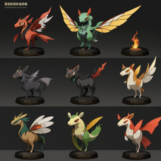 Display several different types of Pokemon characters in a row，Concept art by Adam Marcinski，multi-count trend，arts and crafts，Fox-like evolved Pokemon，new pokemon，Pokemon style，可愛Pokemon style，Similar to Pokemon，Concept Puzzle Pokemon, vyverns, Pokemon art style, Illustration pokemon, Attributes（Attributes:generally.flight.fire.overtake.Ability Water.insect.electricity.rock.Grass.phantom.ice.dragon.fistfight.evil.poison.steel.ground.Fairy.Star Crystal.無Attributes）, New species Monster characters sprites set in pokemen style,  以Pokemon style設置的怪物角色精靈
玩具人物

有馬，Capybara，There are cats，personification（Beast ears, human body and beast tail）
\(Lovely,Kawaii),quality\(masterpiece,high resolution,top-quality,top-quality,提high resolution,RAW photos,Best quality,Very detailed\)
A few magic effects（fire球 水球）
