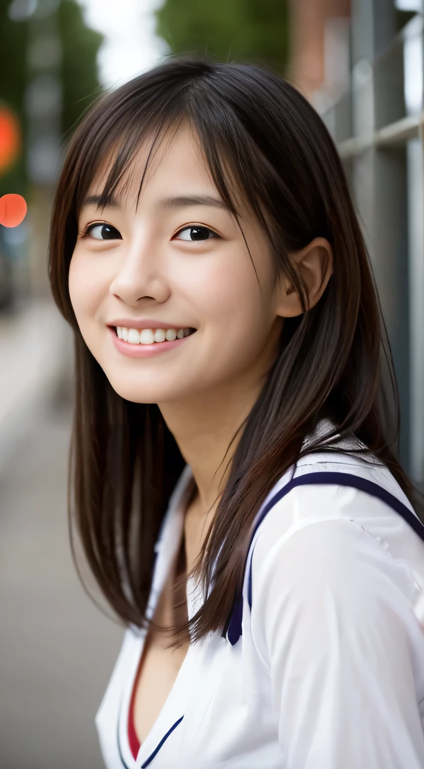 Japanese schoolgirl),((Beautiful girl)),cleavage,the expression imagining what feels good:1.2,(perfect body beauty:1.2),((perfect body)),(shy smile),beautiful teeth,