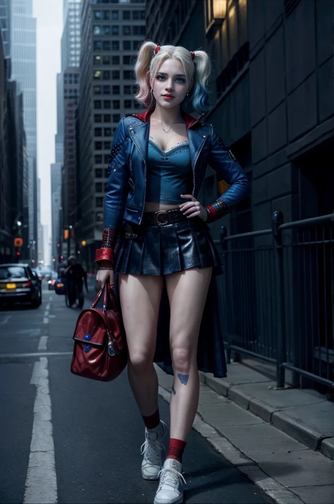 HarleyQuinn, light blue eyes, (best quality,ultra-detailed),(Realistic:1.37), beautiful and detailed face, Ultra-realistic texture, delicate face, athletic body, vivid colors. High definition, 8K, smilling expression