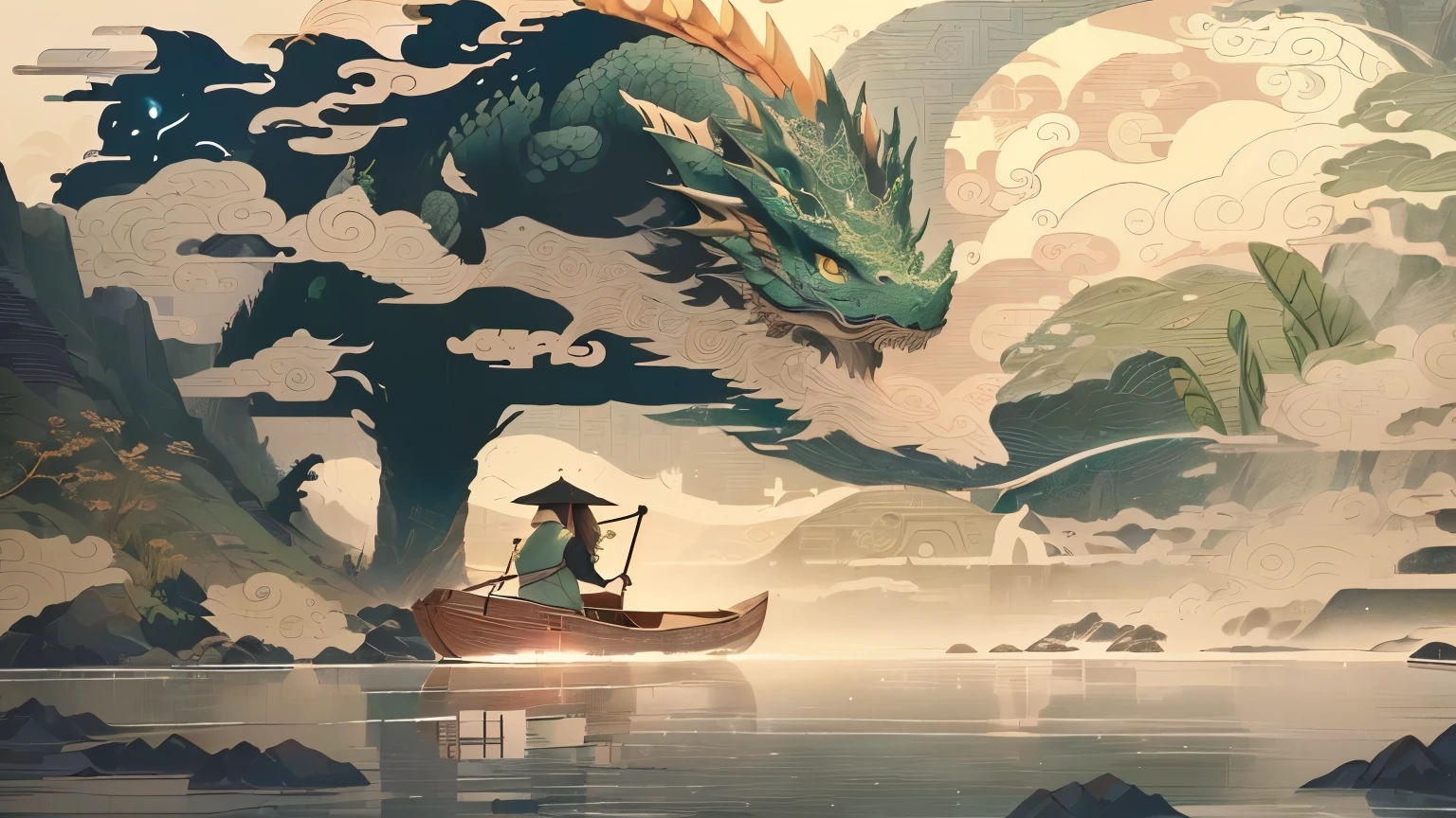little ancient Chinese girl, paddling a boat, a huge cute dragon behind her, bright light, pale green and pale yellow tones,surrealism,  clear outline light, Dappled light, flat illustration, 8k --niji 5 --s 250 --niji 5