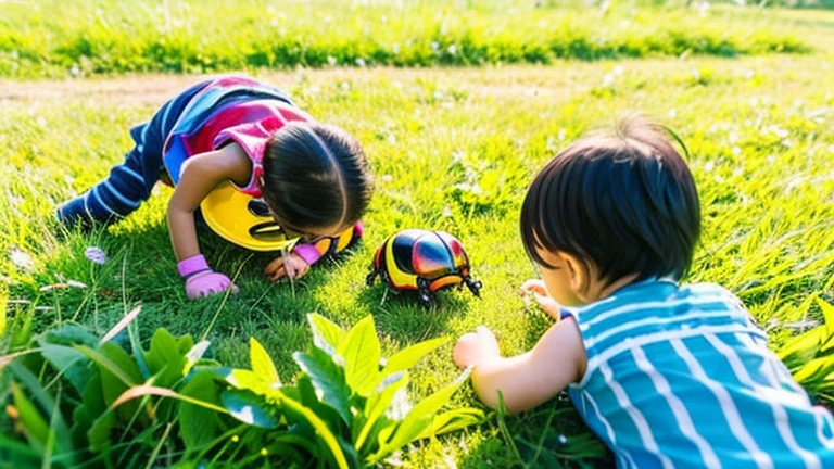 Children playing with beautiful beetles in the grassland、Children playing with beautiful beetles in the grassland、Colorful Mushiking