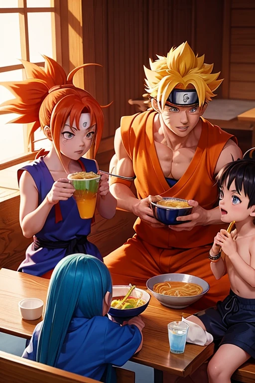 naruto kurama mode, goku ultra instinct blue, luffy nika with yellow straw hat eating ramen together and the 3 of them happy