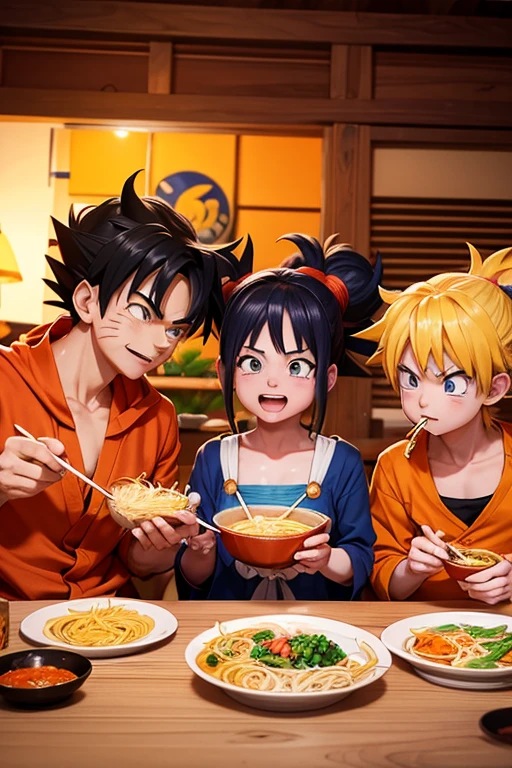 naruto kurama mode, goku ultra instinct blue, luffy nika with yellow straw hat eating ramen together and the 3 of them happy