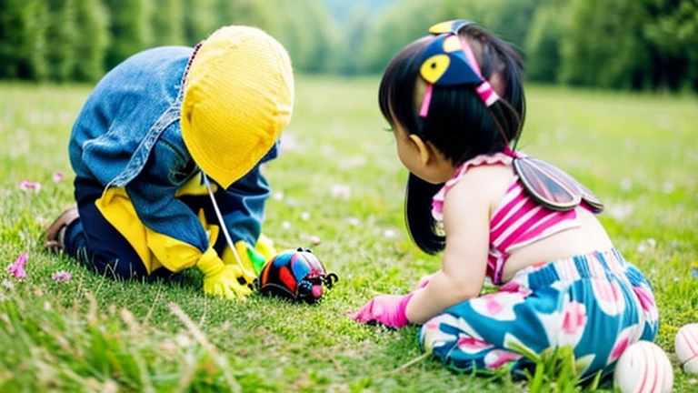 Children playing with beautiful beetles in the grassland、Children playing with beautiful beetles in the grassland、Colorful Mushiking
