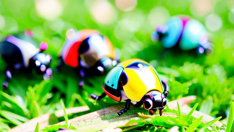 Children playing with beautiful beetles in the grassland、Children playing with beautiful beetles in the grassland、Colorful Mushiking