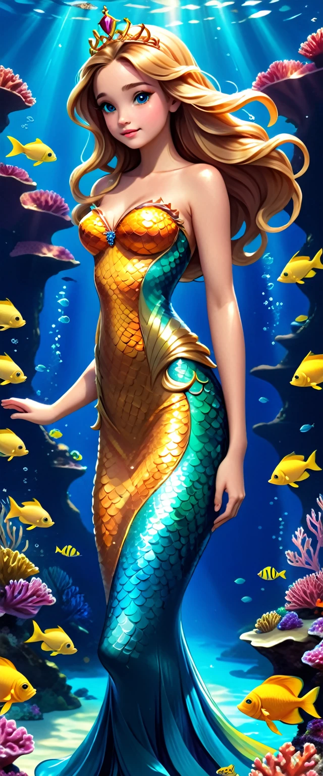 a beautiful mermaid princess, long flowing hair, detailed face features, luminous scales, underwater scene, coral reef, schools of tropical fish, shafts of sunlight, golden crown, flowing gown, serene expression, photorealistic, highly detailed, intricate, cinematic lighting, vivid colors, fantasy art