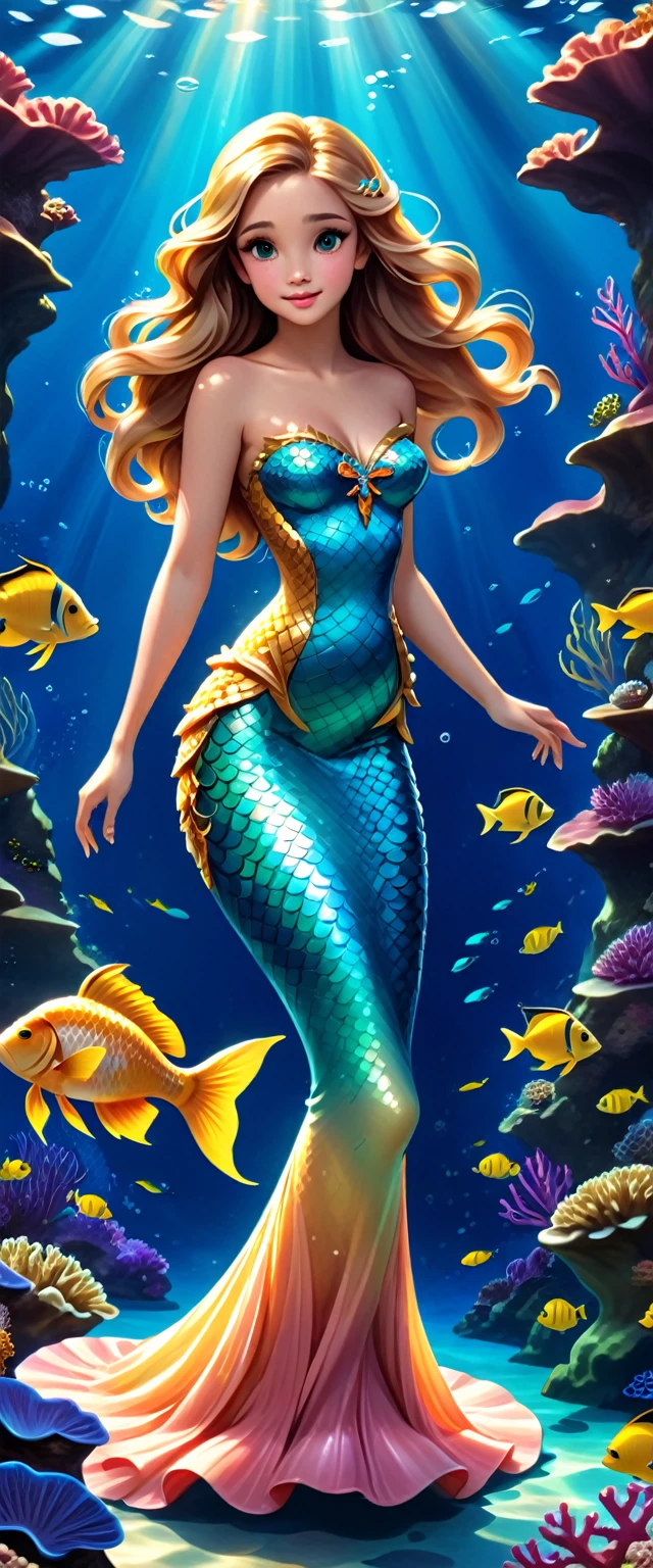 a beautiful mermaid princess, long flowing hair, detailed face features, luminous scales, underwater scene, coral reef, schools of tropical fish, shafts of sunlight, golden crown, flowing gown, serene expression, photorealistic, highly detailed, intricate, cinematic lighting, vivid colors, fantasy art