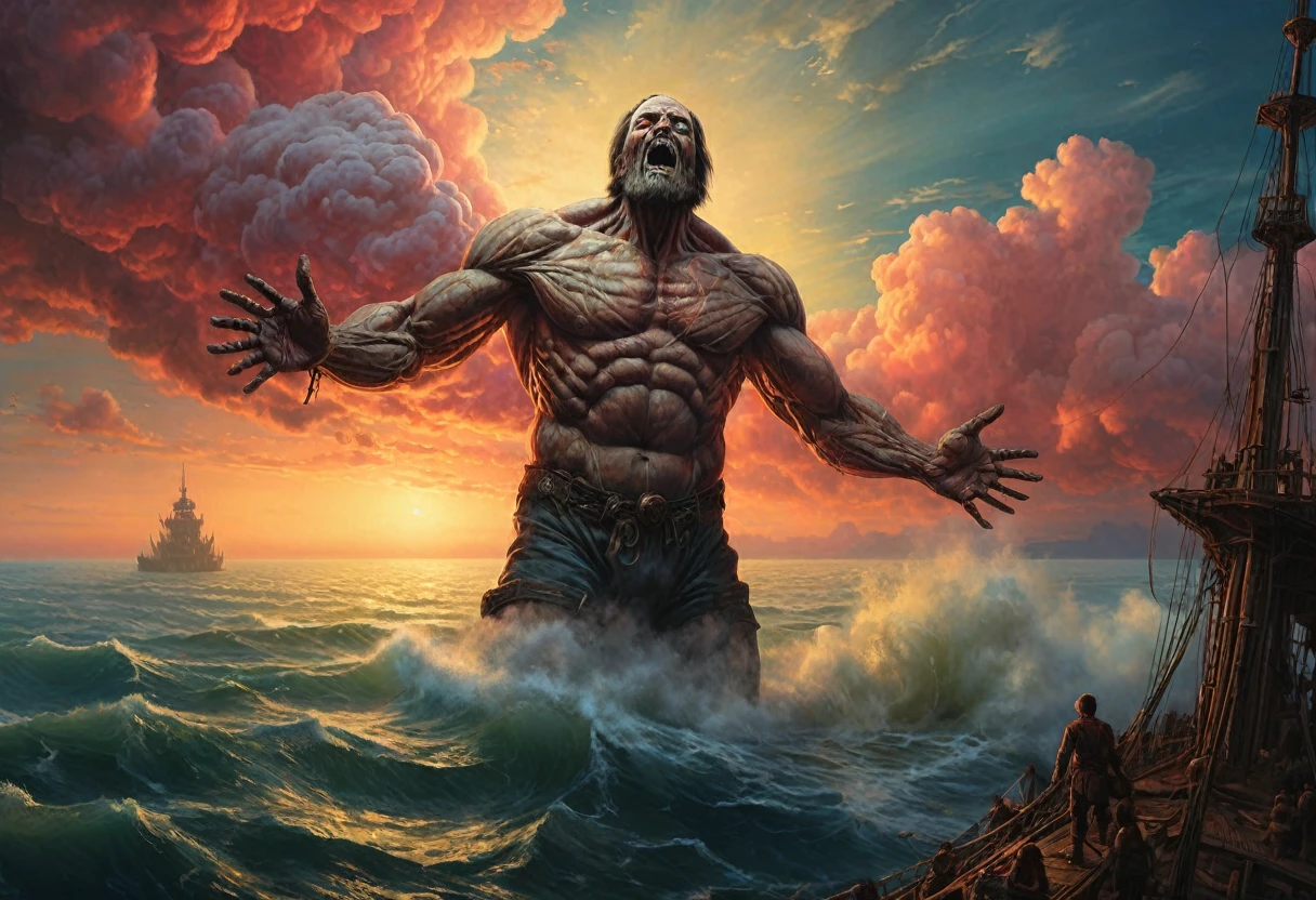 「Colossus Titan」The Exposed Heart of Ivan Aivazovsky and Zdzsow-Beksionski, Oil on canvas, 8k Highly professional detail, High resolution, CGSociety, Trending on Art Station, Surrealism, 新Classicism, Classicism, Lovecraft, Space horror, occult, Biological. A masterpiece of exquisitely drawn Gothic photography, Romanticism by Takato
