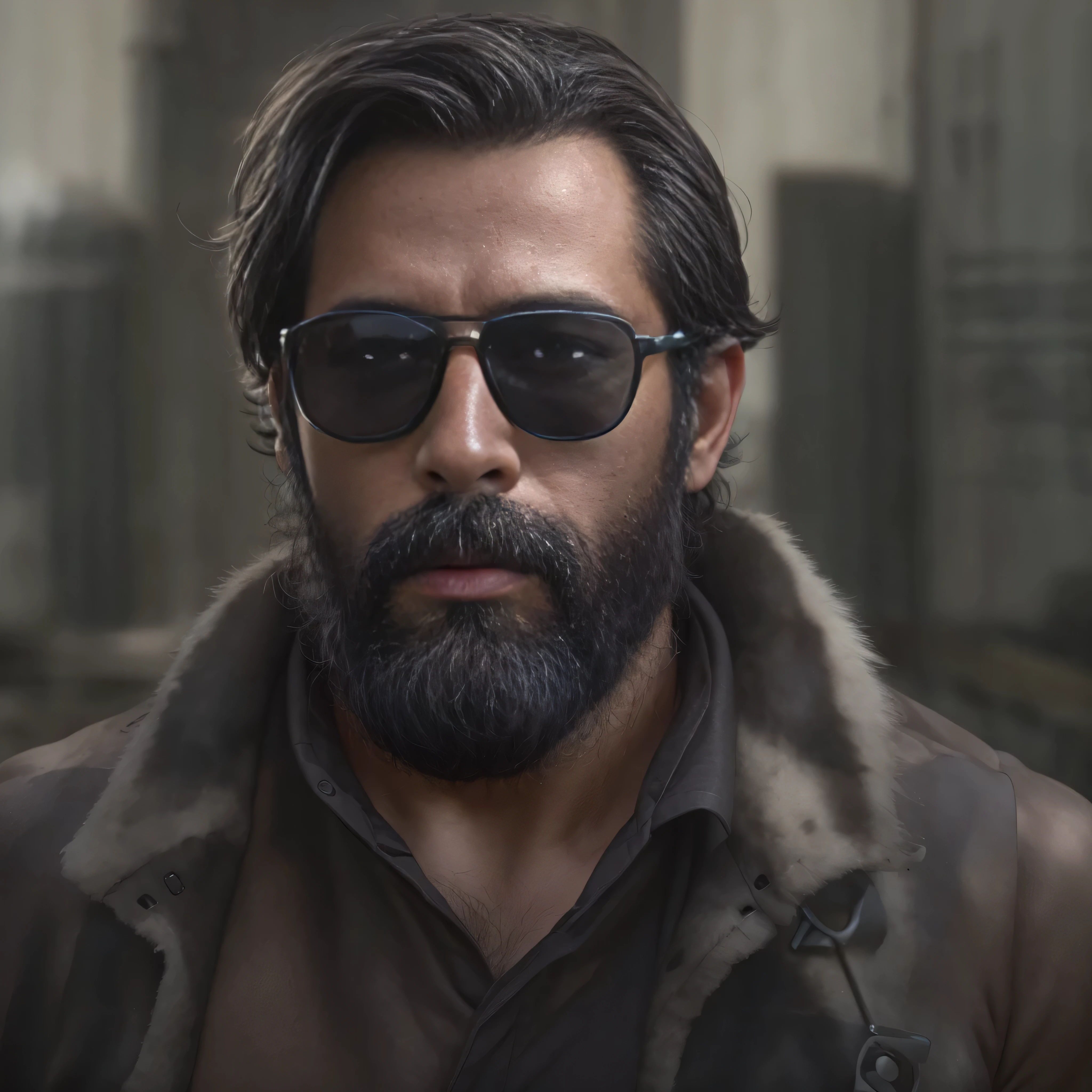 Create an image of a 38-year-old man with a beard and sunglasses. The scene can vary, but make sure it has a dynamic and engaging background. The man's skin should have a detailed and textured look, capturing the nuances and imperfections of real skin. The setting should convey a sense of depth and realism, whether it's an urban environment, a natural landscape, or a futuristic cityscape. The overall composition should be visually striking and of the highest quality.