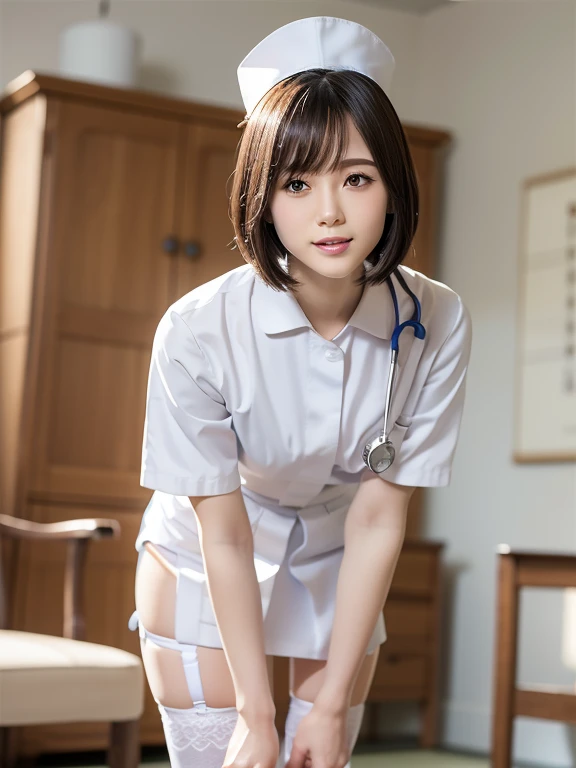 (Best quality: 1.5), (Realistic: 1.5), (1 person: 1.5), (Very detailed), (High resolution), 8k, shoot from below, (Japanese woman), ((White nurse uniform)), (Nurse cap), (micro mini skirt), (medium breasts), natural colored lips, cute smile, 20 year old girl, (beautiful and elaborate face), (perfect and beautiful face), (big eyes), (beautiful and elaborate face), (left and right balance) Beautiful eyes), Beautiful double eyelids, Perfect and beautiful face, Thin arched eyebrows, Slim face, (Slim figure), Beautiful thin nose, Beautiful skin, (Medium bob hair), Natural bangs, Fair skin, Front view lighting, (lighting the face), dark blue eyes, slim waistline, slender beautiful legs, nurse,  Stethoscope, (crouching), (wearing a white colored garter belt and white knee-high stockings), white nurse clothes, Health Room、
