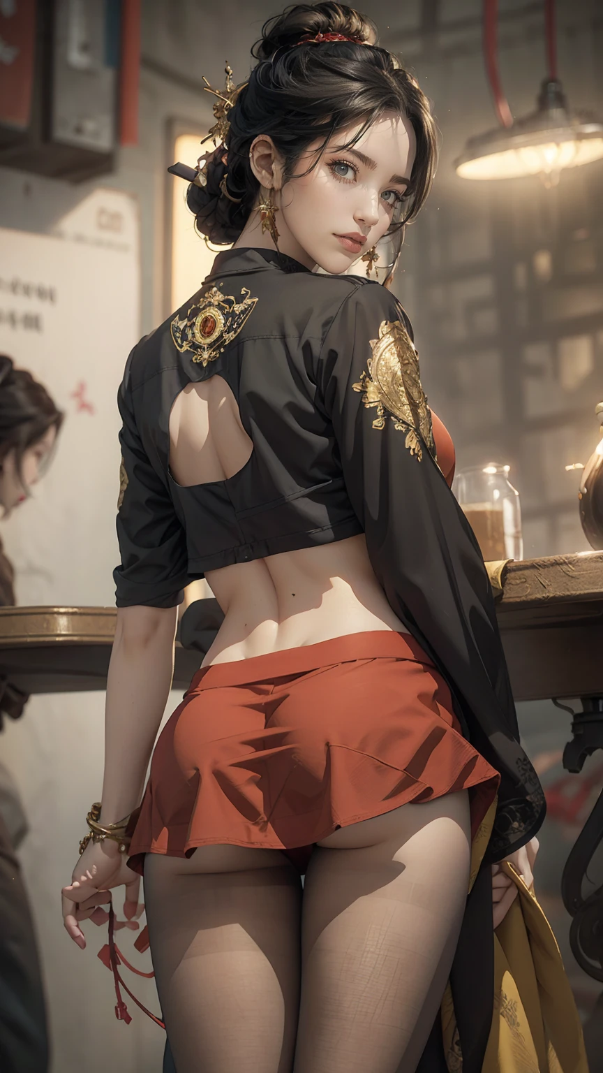 Unreal Engine:1.4, CG K Ultra Realistic, Realistic:1.4, Skin Texture:1.4, masterpiece:1.4, Beautiful woman in babydoll lingerie and red hot pants, Special Cyberpunk Style, CG and Realistic image, ultra-detailed Skin Texture. A masterpiece creation of a woman adorned in a yellow cyberpunk-style outfit, Short skirt, Red Pantyhose, Blue mini skirt, Unreal Engine trend, Ultra-realistic texture, Realistic digital art.