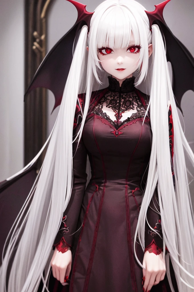 High quality, HD, details, long white hair, sharp bright red eyes color, female vampire, vampire girl, one person, single person, 