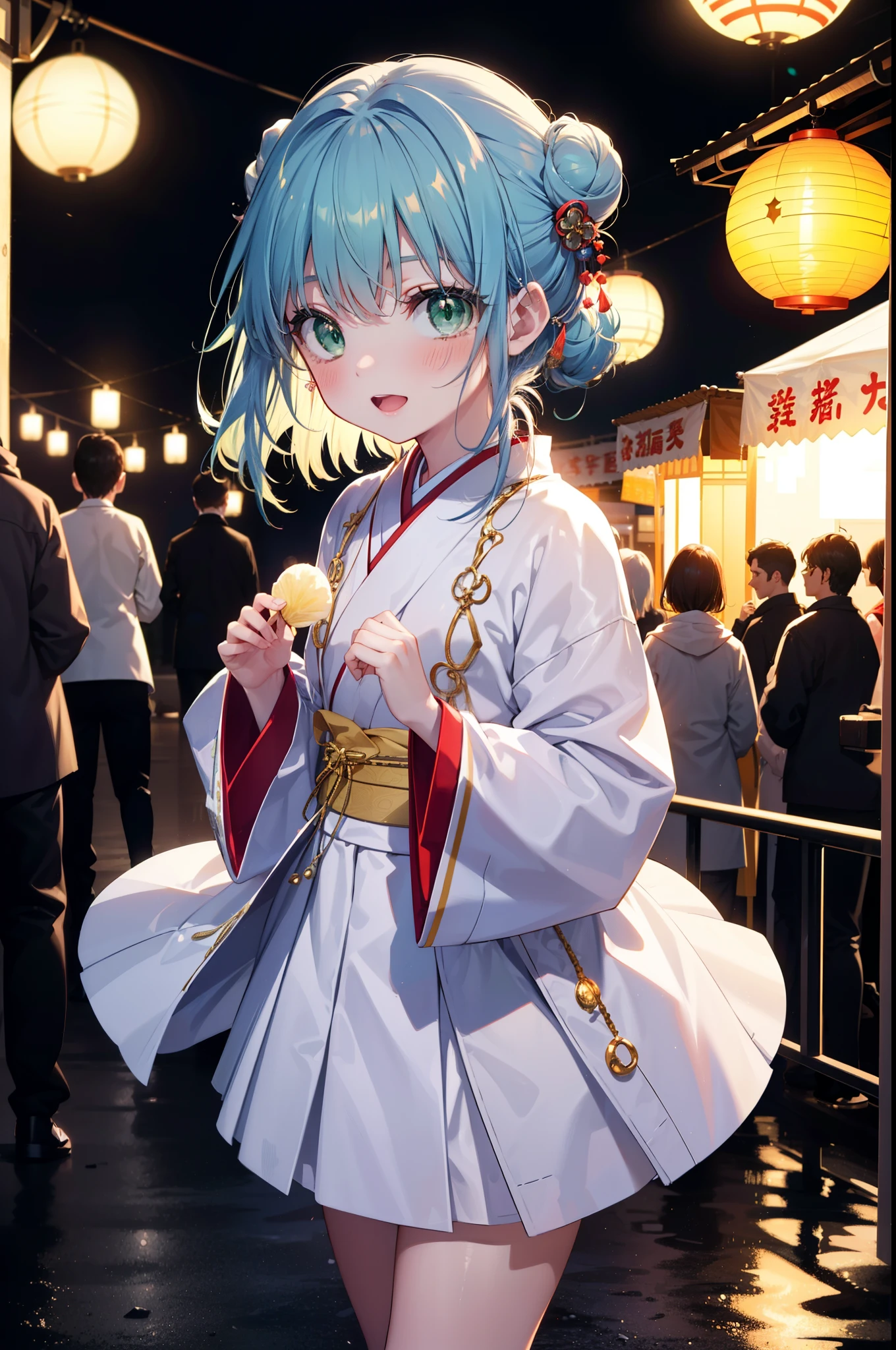 index, index, (Green Eyes:1.5), Blue Hair, Long Hair, (Flat Chest:1.2),smile,blush,Happy atmosphere,Open your mouth,Long Hair,Hair Bun, double Hair Bun,White bathrobe,Long sleeve,mini skirt,Sandals,White tabi,night空の花火,Fireworks display,Japanese Festivals,Summer festival food stalls,Red Lantern, night,whole bodyがイラストに入るように,Looking down from above,He is holding cotton candy in his right hand,
break outdoors, shrine, break looking at viewer,whole body,(Cowboy Shot:1. 5)
break (masterpiece:1.2), highest quality, High resolution, unity 8k wallpaper, (shape:0.8), (Beautiful and beautiful eyes:1.6), Highly detailed face, Perfect lighting, Extremely detailed CG, (Perfect hands, Perfect Anatomy),