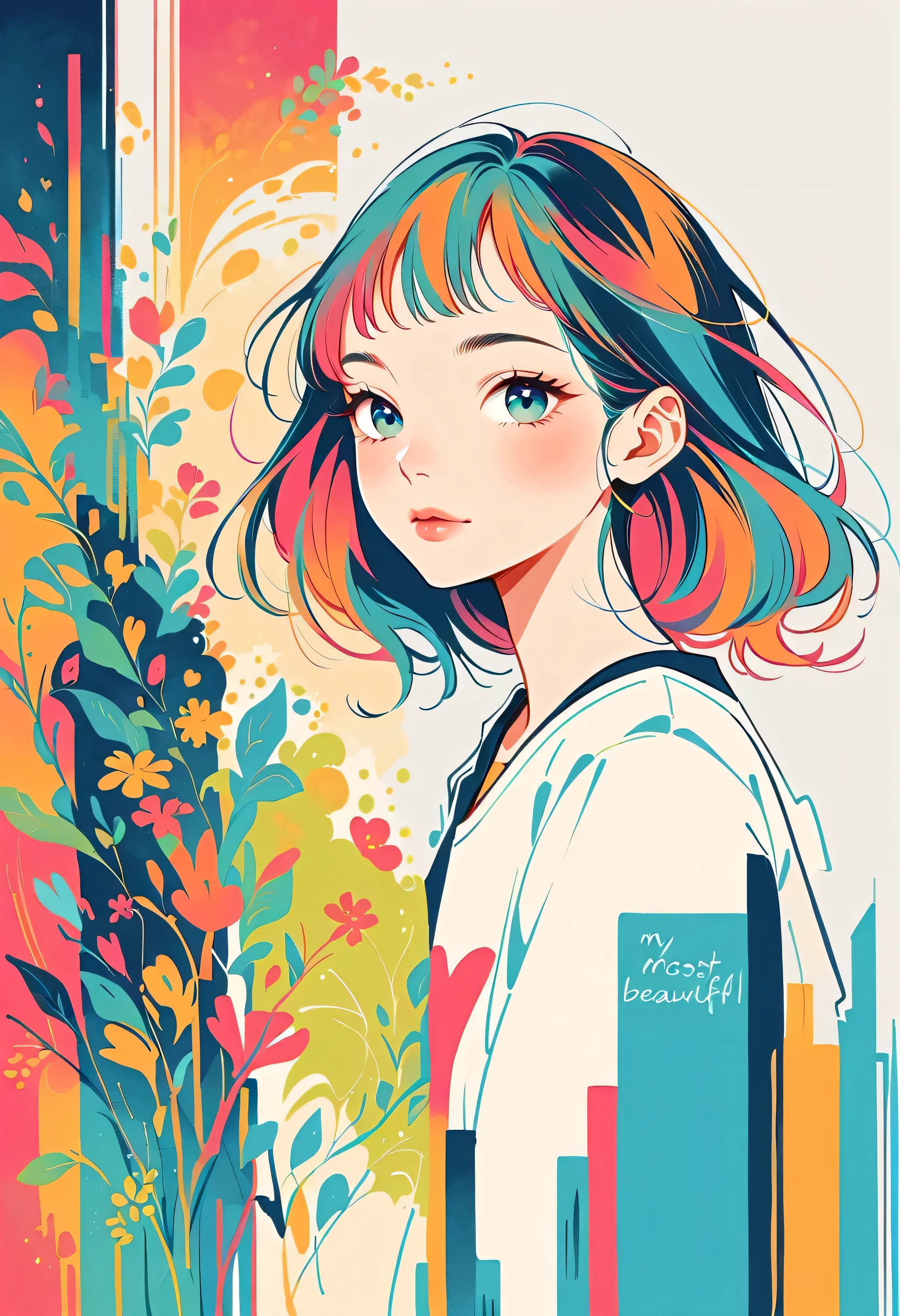 Watase Seizo style, Standing in front of a high wall,Girl with backpack on rooftop,My backpack is full of happy spring,Simple Line Initialism,Abstract art,Urban Background, (((The most beautiful girl))), Lips in Love