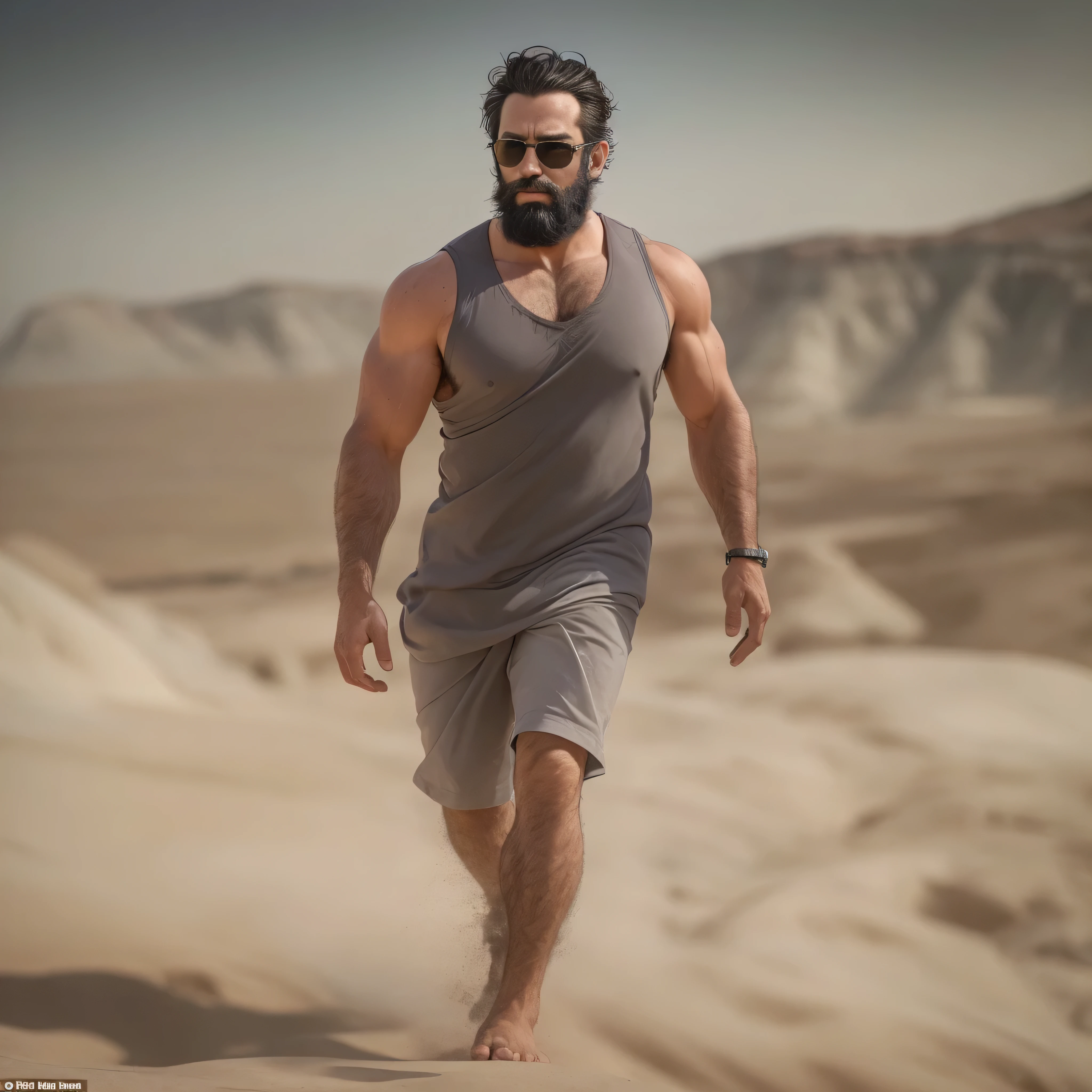 Imagine a breathtaking scene featuring a strikingly handsome 38-year-old man. He has a rugged beard and wears stylish sunglasses that add to his irresistible allure. His well-defined muscles and body hair exude raw masculinity. Clad in casual yet enticing clothing that highlights his powerful physique, he stands as the epitome of sex appeal.
Set against one of the world's most stunning backdrops—perhaps the sunlit cliffs of Santorini, the vibrant streets of Tokyo, or the majestic expanse of the Sahara desert—he is the sole focus of the scene. In a captivating action pose, he might be mid-stride, walking with purpose, or frozen in an intense moment of action, such as leaping from a height or preparing to tackle an unseen challenge. The man's dynamic energy and sensual charisma make him an unforgettable figure in this mesmerizing setting.
