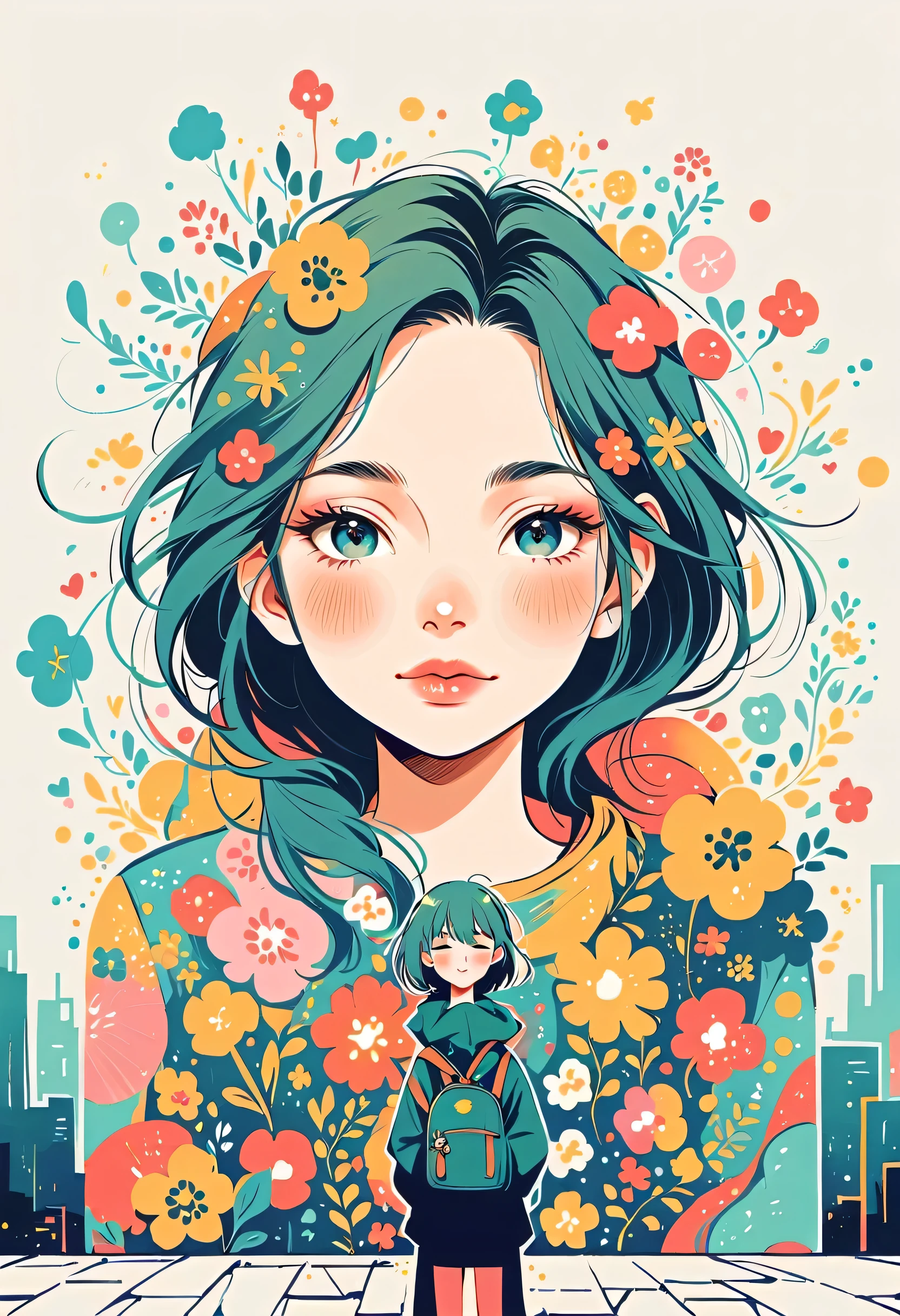 Watase Seizo style, Standing in front of a high wall，Girl with backpack on rooftop，My backpack is full of happy spring，Simple Line Initialism，Abstract art，Urban Background, (((The most beautiful girl))), Lips in Love