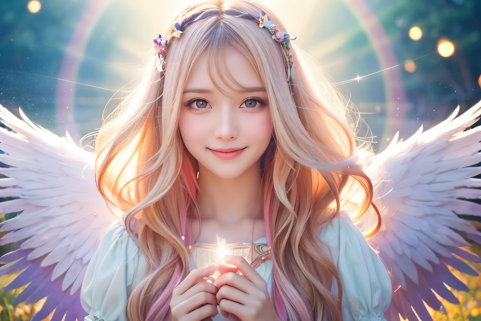 Have an oracle card,Magical Tarot Cards,Angel,Lolita,woman,Smile,Short sleeve,race,smile,Lens flare,magical energy,healing,Sparkly Background,noon,summer,Light of the sun,Light background,cute,Princess,clear,happiness,Angelの羽根,Fairy Wings,Silky shiny hair,Glossy Skin,Long Hair,Fairyland,Soft light,,dream,hope,Pop Art,pastel colour,Big Rainbow,Sparkling Eyes,fine,Non-Adult,High resolution,light peach-colored hair,Wavy Hair,Thin eyebrows,Fluffy Feathers